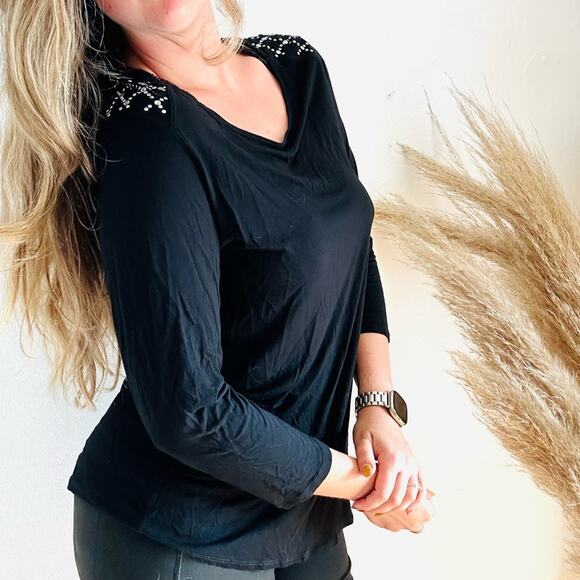 PHILOSOPHY Black Silver Beaded Sequin Shoulder 3/4 Shirt Tunic Top Blouse 1X - Picture 2 of 10